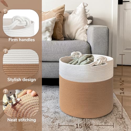 Goodpick Cotton Rope Storage Basket, 15 x 14.2 Inches Jute Woven Basket for Blankets Clothes Organizing, Baby Laundry Baskets Toy Storage With Handle, White Jute - color: White Jute, size: 15 × 14.2 inches