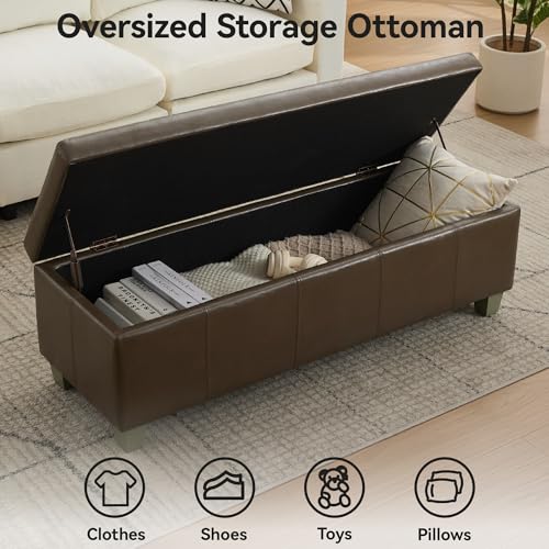 WUTUTUEE 51" Faux Leather Storage Ottoman, Stitch Tufted Rectangle Upholstered End of Bed Storage Bench, Entryway Large Couch Ottoman with Wooden Legs, Coffee - color: Coffee, size: 51 Inch