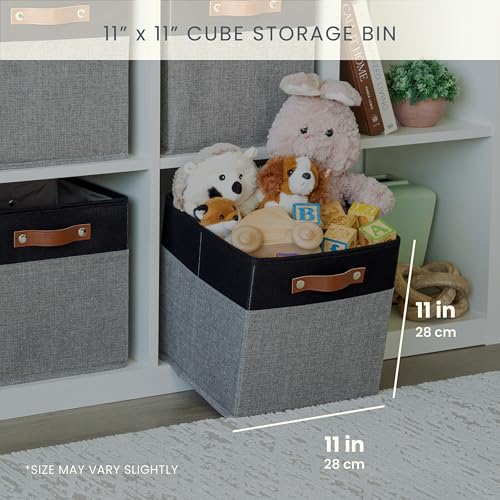 OrganiHaus 11" x 11" x 11" Fabric Cube Storage Bins - Set of 4, Canvas Cubby Bins with Vegan Handles, Square Storage Cubes, Kallax Storage Cubes, 11 Inch Cubic Baskets for Shelves in Gray/Black - color: Gray Base / Black, size: (11x11) Leather Handles