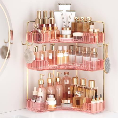 Corner Bathroom Counter Organizer 3-Tier Bathroom Organizer Countertop with Hooks Perfume Organizers Storage Shelf for Makeup & Skincare Dresser-Pink - color: Pink, size: 3 Tier