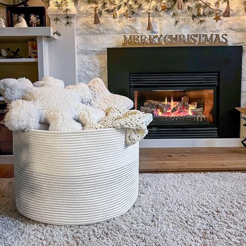 INDRESSME XXXLarge Cotton Rope Basket 21.7" x 21.7" x 13.8" Woven Baby Laundry Basket for Blankets Toys Storage Baskets with Handle Comforter Cushions Storage Bins Thread Laundry Hamper-Black Stitch - color: White, size: 21.7"D x 13.8"H