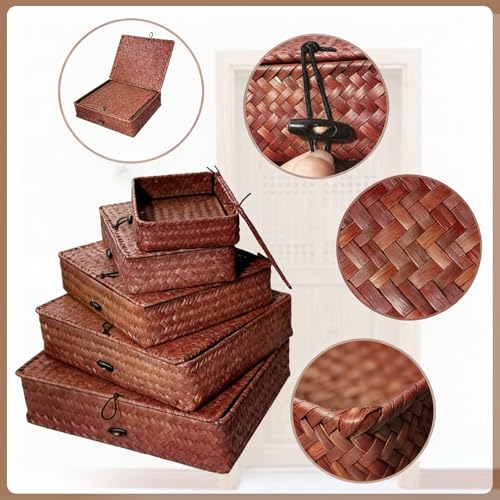 5 Pcs Seagrass Basket with Lid 5 Sizes Decorative Storage Boxes Rattan Wicker Storage Basket with Lids Woven Organizer Baskets Multipurpose Flat Storage Bins for Shelf Closet Bedroom (Dark Brown) - color: Dark Brown