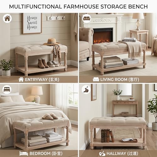 chairus Storage Bench 31.5" W Button Tufted Small Entryway Bench with Wooden Shoes Rack End of Bed Bench with Fabric Linen Upholstered Rectangular Seat for Bedroom Hallway Small Space, Beige - color: Beige, size: 31.5 Inches Seat