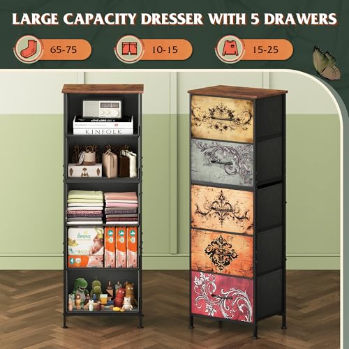 WLIVE Fabric Dresser, 5-Drawer Tall Dressers for Bedroom, Storage Dresser Organizer with Fabric Bins, Wood Top, Sturdy Steel Frame, Chest of Drawers for Closet, Hallway, Pattern - color: Pattern