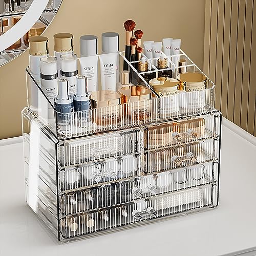 ZHIAI Stackable Storage Drawers, Acrylic Bathroom Counter Organizer Clear Makeup Organizers for Vanity, Kitchen Cabinets, Bathroom, Undersink, Home Organization and Storage (1 Top 6 Drawers) - color: (2 Base, 4 Drawers) with Top