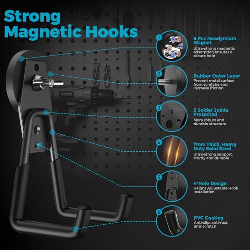 6 Pcs Large Strong Magnetic Hooks Heavy Duty Garage Big Magnet Hooks Extra Strength Magnetic Utility Storage Hook Hanger with Anti Slip Coating for Garden Indoor Outdoor Hanging Tools Black - color: 6 Pcs-Black