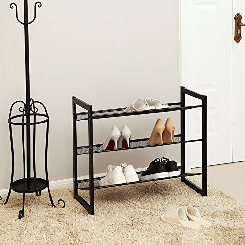 SONGMICS Shoe Rack, 3-Tier Shoe Organizer, Metal Shoe Storage for Garage, Stackable Shoe Shelf, with Adjustable Flat or Angled Shelves, 9-12 Pairs, Ink Black ULMR03B - color: Ink Black, size: 3 Tiers (29.1''W)