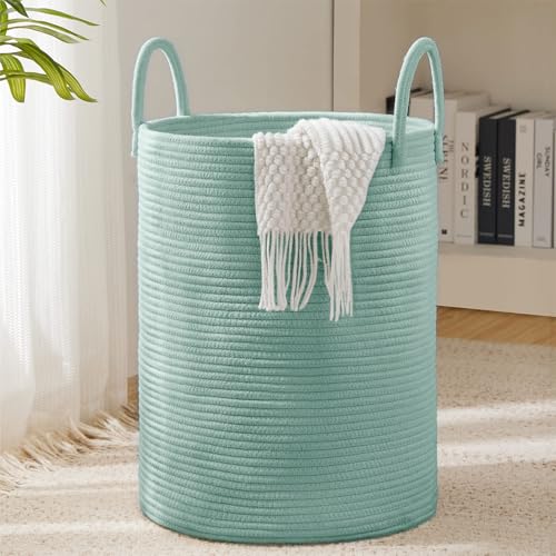 YOUDENOVA Laundry Hamper Basket, Woven 58L Tall Laundry Basket for Blanket Organizer- Nursery Hamper for Bedroom And Bathroom Storage - color: Light Green, size: Tall (58L )