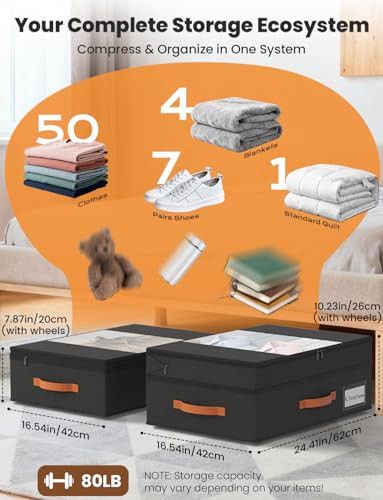 2-Pack Under Bed Storage with Wheels and 6 Vacuum Seal Bags, Adjustable Height 7.9"-10.2",Heavy Duty Capacity,Clear Lid Organizer for Dorm Bedroom Clothes Shoes Books,Quick Assembly Space Saver，Black - color: Black, size: 10.2 inches