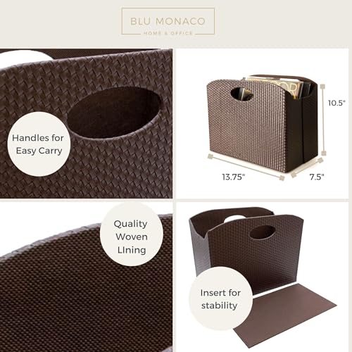 BLU MONACO Brown Woven Leather Magazine Holder Basket with Handles | Vertical File Organizer for Desk | File Folder Storage Bin for Office, Living Room or Bathroom - color: Brown