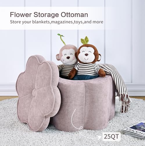 Small Pink Storage Ottoman, Flower Shape Chenille Ottoman Pouf, 19.5''x19.5''x14.5''H Seating Foot Rest, Holds 300 LBS, Pink Pouf Ottoman for Bedroom Living Room Entryway Home Decor - color: Sandy Pink