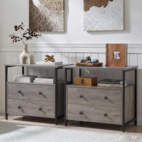 Edbuosy 27 inch Wide Night Stand Set 2 with Charging Station, Bedside Table with Open Shelf, 2 Drawers Small Wood Dresser, Modern Wood Nightstand for Bedroom/Living Room (Rustic Gray) - color: 2 Pack, Rustic Gray, size: 2 Drawers