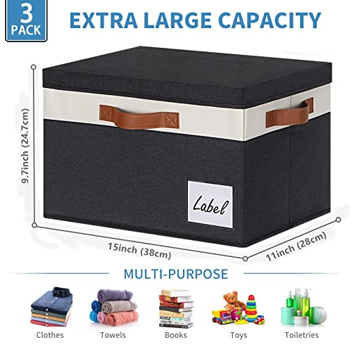 GhvyenntteS Large Storage Bins with Lids (3 Pack), Storage Baskets with Lid and Label Window, Foldable Fabric Storage Boxes with 3 Handles for Home Office College Dorms (Black, 15" x 11" x 9.7") - color: Black with White, size: Large-3 Pack