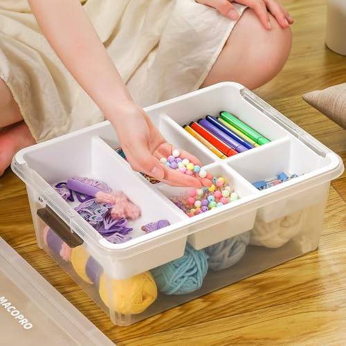 MACOPRO 17 QT Plastic Storage Box with Removable Tray, Bins with Lids, 2 Packs Clear Storage Container for Craft Supplies, Beads, Tools, Sewing, and Playdoh Organization(White, 2Pack-17QT) - size: 2Pack-17QT