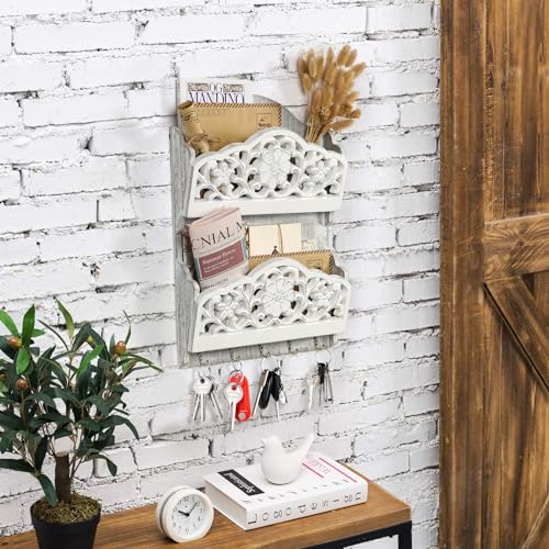Key and Mail Holder for Wall, 2-Slot Mail Organizer Wall Mount with 5 Key Hooks, Wooden Key Hangers Wall File Organizer Letter Sorter, Key Rack for Entryway and Home Decor,Extra Wide (Extra Large) - style: Farmhouse