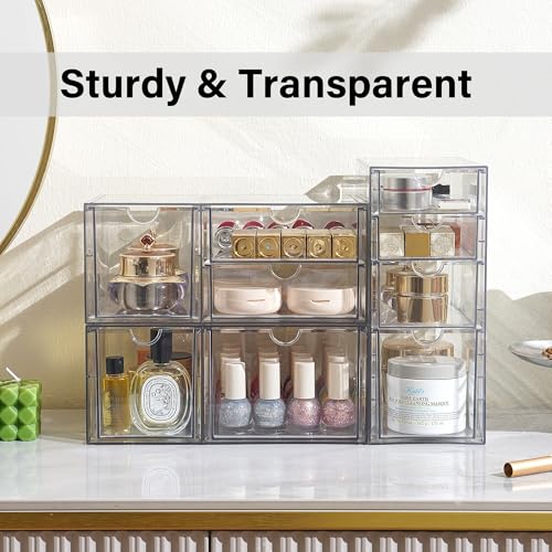 Prsildan Acrylic Drawer Makeup Organizer with 9 Drawers, Set of 3 Office Desk Organizers Accessories, Clear Stackable Storage Drawers for Vanity, Countertop, Craft, Jewelry, Art Supply Organization - style: 9 Drawers