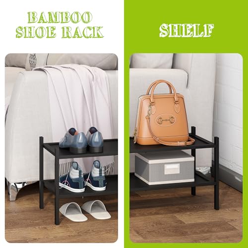 BMOSU 2-Tier Bamboo Shoe Rack Premium Stackable Shoe Shelf Storage Organizer for Hallway Closet Living Room Entryway Organizer(Black) - color: Black, size: 2-Tier（27*11*12.6inches）