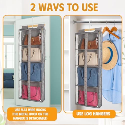 Silkfly 2 Pack Hanging Purse Organizer for Closet Clear Handbag Storage Hanger with Zipper Holder over The Door Wardrobe Tote Bag Storage Holder for Bedrooms Living Room (Brown) - color: Brown
