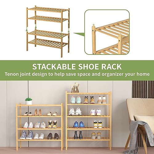 ROMGUAR CRAFT 4 Tier Bamboo Shoe Rack for Closet Free Standing Wood Shoe Shelf for Entryway Small Space Stackable 27"x11"x26" (Natural) - color: Natural, size: 4 tier