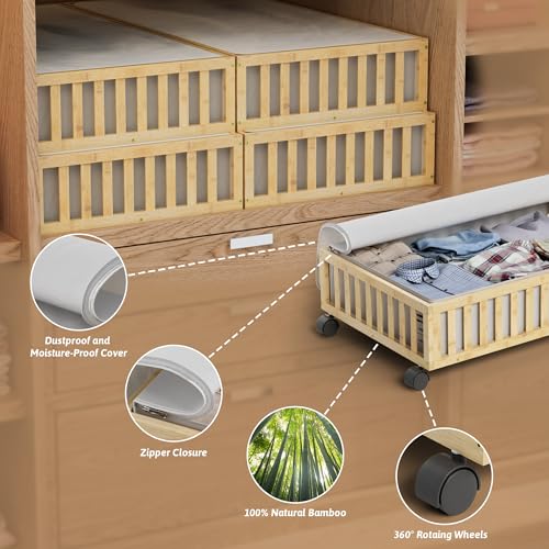 Bamboo Under Bed Storage Containers with Wheels, 2 Pack Large Under the Bed Shoe Storage Bins, Wood Rolling Underbed Drawers Organizer for Bedroom Closet Clothes Blanket Under Crib Toy Nature - color: Nature, size: 2 PCS (33.07"×16.54")