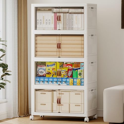 480QT Extra Large Stackable Storage Bins with Lids & Wheels & Door, 120Gal Foldable Collapsible Closet Organizers, Plastic containers drawers for bedroom Dorm - color: White