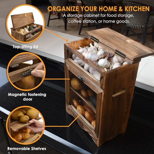 Ikee Design Free Assemble Wooden Countertop Potato and Onion Storage Bin Box,Countertop Cabinet, Wooden Bread Boxes, Potato Storage, Coffee Station, 11.8W x 6.8D x 16H in, Rustic Color - color: Rustic Brown, 2 Door