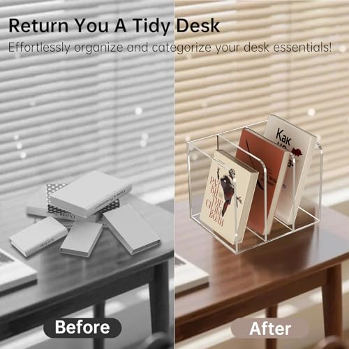 Acrylic Desk Organizer Book Organizer, Magazine File Holder, Vertical File Organizer Stand File Folder Holder, Mail Organizer Countertop Mail Sorter File Sorter, Clear Book Ends Book Holder