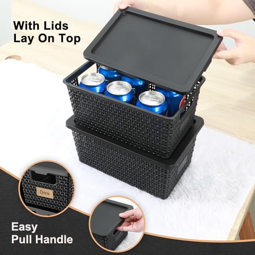 Storage Bins with Lids | Plastic Storage Baskets with Lids for Office Organization,Stackable Organizing Bins with Latching Design, Easy-Clean Boxes for Home, Office, Toys & Classroom Supplies, 6 packs - color: Black