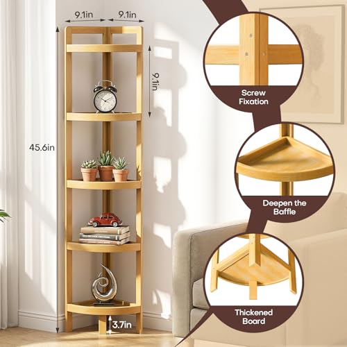 2026 New Bamboo Standing Shelf, 5 Tier Corner Shelf Stand, Free-Standing Shelf Units, Triangular Curved Corner Shelf Stand for Space-Saaving Display Ideal for Bathroom/Kitchen/Living Room Storage - size: 5-Tier