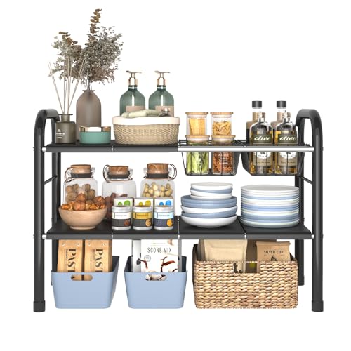 Expandable Under Sink Organizer, 2 Tier Under Sink Shelf with 2 Removable Baskets and 6 Removable Panels for Cabinet Sink Cloakroom Wardrobe Closet Storage(Black, 17.71”-32”Length