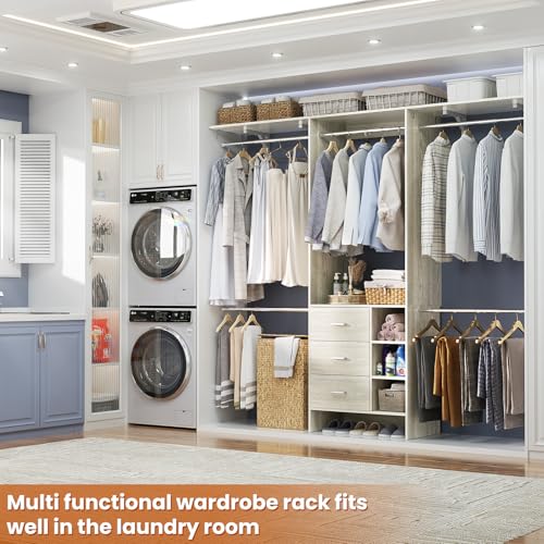 Aheaplus Closet System - 8FT Organizer with 3 Wooden Drawers, Fits 5.3-9 ft Walk-in Closet, White Oak - color: White Oak