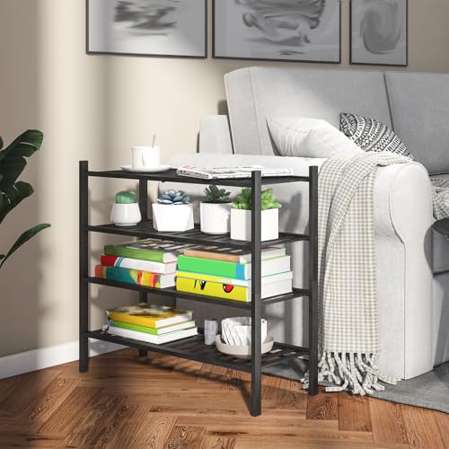 4-Tier Bamboo Shoe Rack for Entryway, Stackable | Heavy Duty | Multi-Function, Free Standing Shoe Racks for Bedroom Hallway Closet（Black） - color: Black, size: 4-Tier-Standard