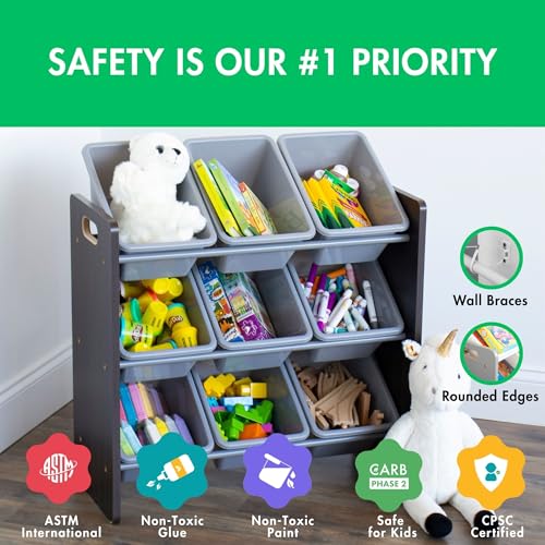 Humble Crew 9-Bin Toy Organizer – Sumatra Espresso/Grey Plastic Bins, 3-Tier Storage Solution for Kids' Playrooms and Nurseries - color: Espresso/Grey