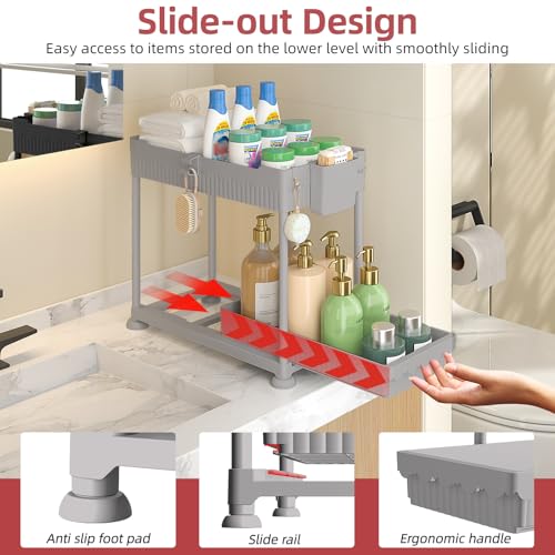 Sevenblue Under Sink Organizer, Bathroom Organizers and Storage, 2 Tier Multi-Use Pull Out Cabinet Organizer with Hang Hooks and Cups (Gray, 4 Pack) - color: Gray, size: 12.8 Inch
