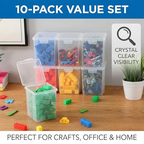10 Pack Small Clear Storage Bins with Lids - Stackable Plastic Organizer Boxes for Crafts, Art Supplies, Jewelry, Beads, Office Tools - 3.54x3.54x4.53 Inch – Square Medium - size: Clear Square Medium - 10 Pack