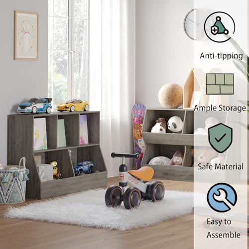 DINZI LVJ Toy Storage Organizer, Kids Bookshelf, Wood Toy Storage Cabinet, 5 Cubby Children Bookcase, 39.4" L Toddler Book Shelf for Playroom, Living Room, Nursery, Hallway, School, Gray Wash - color: Gray Wash, size: 2-Tier 39.4"