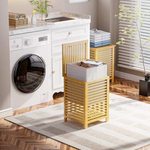 SMIBUY Double Laundry Hamper with Lid, 120L Bamboo Laundry Basket with Removable Liner Bag, 2-Section Clothes Divider Laundry Sorter for Laundry Room, Bathroom, Bedroom (Natural) - color: Natural