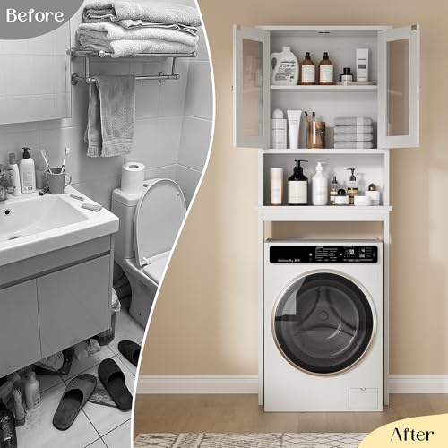 Walsunny Over Toilet Storage Cabinet, BathroomShelf Organizer Over Toilet, Washing Machine Box, Space Saver with Adjustable Decorative Racks（White） - color: White, style: 1 Open Shelf
