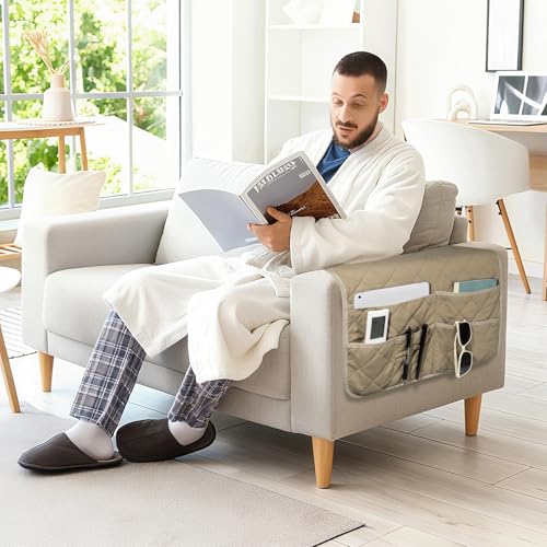 Remote Control Holder for Recliner,Non Slip Armchair Caddy,Sofa Armrest Storage Organizer for Recliner Couch With 6 Pockets for TV Remote,Cell Phone,Magazine - color: Beige