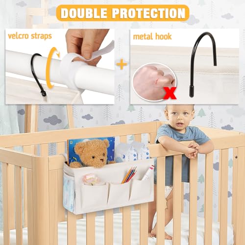 Lilithye Bedside Caddy Storage Organizer with Fixed Straps and Water Bottle Holder for Home, College, Dorm, Bunk/Hospital/Crib Bed Rails, White - color: White