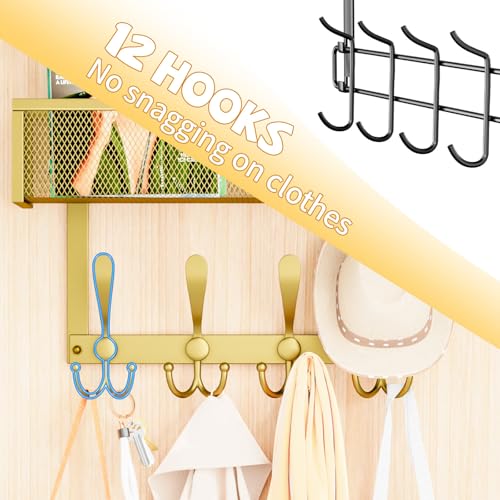 Kaiferty Over The Door Hooks Organizer,Coat Rack with 12 Hooks and 2 Mesh Baskets,Back of Door Storage Organizer for Bathroom,Bedroom,Kitchen,Office (Gold) - color: 2 Upgrated Baskets-Gold