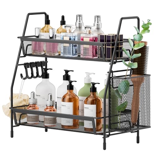 VITVITI 2-Tier Bathroom Organizer Countertop, Metal Wire Mesh Bathroom Counter Organizer Storage with Basket Hooks, Vanity Tray Shelf, Kitchen Spice Rack, Small Black - color: Small Black Wire Mesh