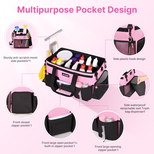 JKAOO Large Wearable Cleaning Caddy Bags,Cleaning Supplies Storage Bag with Handles and Adjustable Shoulder Strap and Removable Waist Straps,Waterproof Cleaning Bags for Home,Car,Office (Pink) - color: Pink