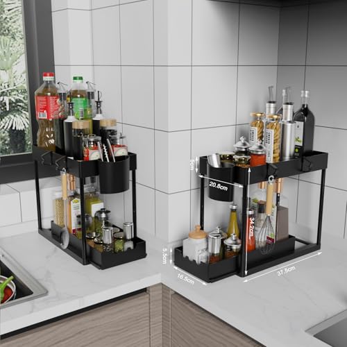 2 Pack Under Sink Organizers and Storage, 2-Tier Sliding Cabinet Organizer Drawer for Bathroom and Kitchen – Multi-Purpose Cabinet Organizer with Easy Pull-Out Design (Black) - color: Black., size: 2 Pack