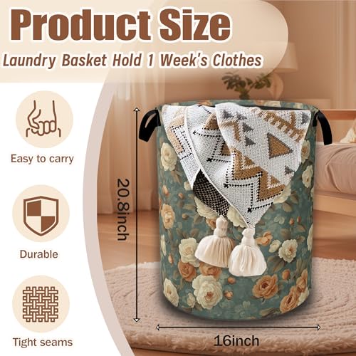 Vintage Rose Flower Laundry Hamper,Retro Floral Collapsible Laundry Baskets Waterproof Oxford Cloth With Handles,Clothes Storage Bucket Toy Organizer For Bathroom/Nursery/Bedroom 16" x 20.8" - color: Vintage Rose Flower ,Retro Floral