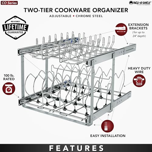 Rev-A-Shelf 2-Tier Kitchen Cabinet Pullout 20.75" Cabinet Organizer for Pots, Pans, and Lid Cookware, Adjustable Heavy Duty Wire, Chrome, 5CW2-2122-CR - size: 21 in.