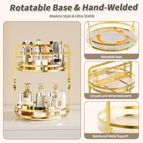 360° Rotating Makeup Organizer, 2-Tier Gold Perfume Organizer for Dresser, Bathroom Organizers Countertop, Perfume Shelf with Makeup Brush Holder, Skincare Holder Cosmetic Display(Gold) - color: Gold