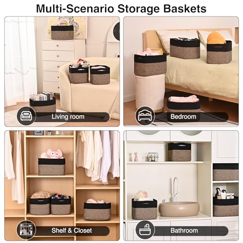 ICERZCZ Storage Baskets for Shelves Organizing, Woven Cotton Rope Baskets for Storage, Book Basket, Decorative Shelf Basket, 12.5"Lx9.1''Wx7.9''H (4 Packs) Black & Jute - color: Black & Jute, size: 12.5"(l)×9.1"(w)×7.9"(h)