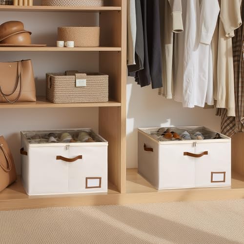 StorageWorks Shoe Organizer for Closet, 2 Pack Shoe Storage Boxes with Clear Lid, Stackable Shoe Storage Organizer for Sandals and Slippers, Fabric Shoe Bins for Closet, Holds 16–32 Pairs, Beige - color: Beige, size: Medium-2 Pack