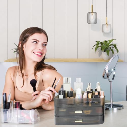 Makeup Organizer with 2 Drawers, Cosmetics Organizer for Bedroom and Bathroom Vanity Countertops, Large Capacity Cosmetic Storage Box for Skincare Cream Perfume Lipstick Dresser Counter-Black - color: Black-1, size: 2 Drawers